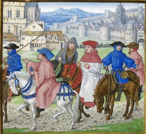 Drawing of men on horses, with castles in the background