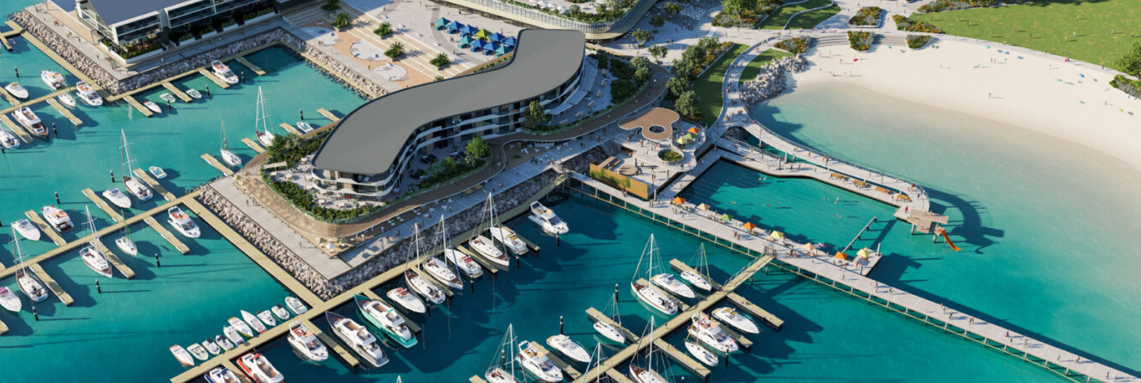 Aerial view of the new Ocean Reef Marina by the City of Joondalup. The marina features multiple docks with boats, a curved waterfront building, a sandy beach, and a swimming area with a jetty.